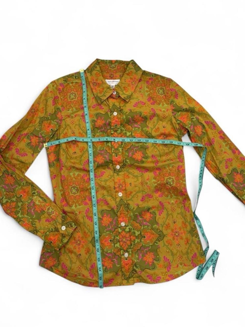 Isaac Mizrahi Olive Green Floral Button-Down Shirt with Pink and Orange Accents